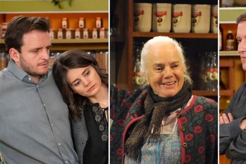 Tommy Schwimmer (l.), Joyce Ilg und Martin Wenzl kehren zum "Dahoam is Dahoam"-Abschied von Ursula Erber (M.) in ihre alten Ro