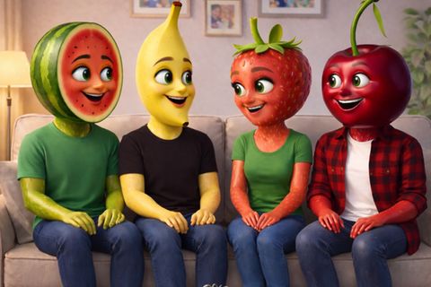 Fruchtvideos: Frucht-Figuren sitzen auf einem Sofa im Wohnzimmer