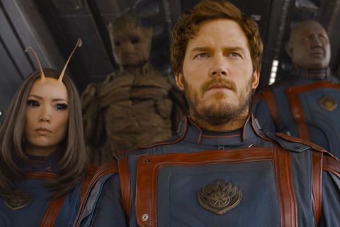 Im letzten Teil der "Guardians of the "Galaxy-Reihe stellen sich Mantis (Pom Klementieff, vorne links), Groot (hinten links, gesprochen von Vin Diesel), Star-Lord (Chris Pratt, Mitte), Nebula (Karen Gillan, vorne rechts) und Drax (Dave Bautista, hinten rechts) ihrem wohl größten Kampf.
