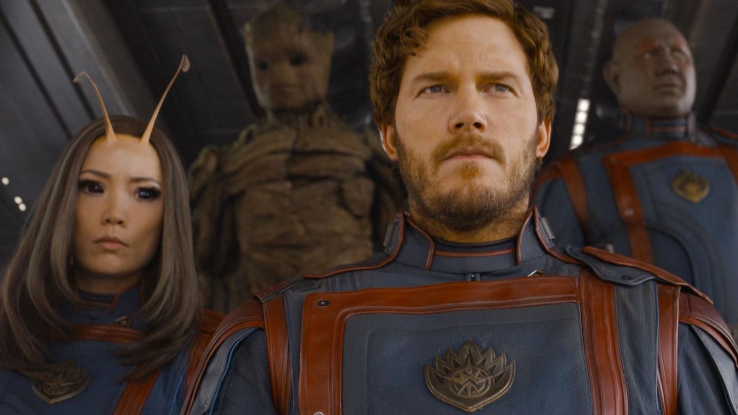 Im letzten Teil der "Guardians of the "Galaxy-Reihe stellen sich Mantis (Pom Klementieff, vorne links), Groot (hinten links, gesprochen von Vin Diesel), Star-Lord (Chris Pratt, Mitte), Nebula (Karen Gillan, vorne rechts) und Drax (Dave Bautista, hinten rechts) ihrem wohl größten Kampf.