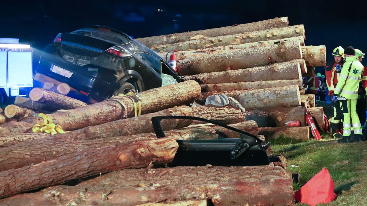 Der Pkw fuhr am Freitagabend in einen Holzstapel. Foto: Sabine Süß/Vifogra GmbH/dpa