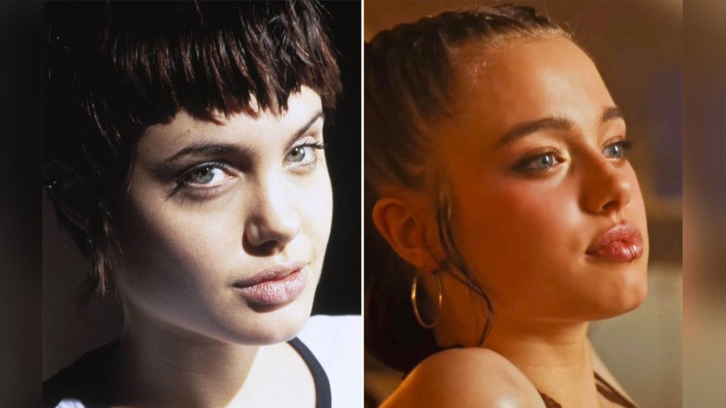 Die Fotomontage zeigt Angelina Jolie in „Hackers“ und ihre Tochter Shiloh im Video zur K-Pop-Single „What's a Girl to Do“