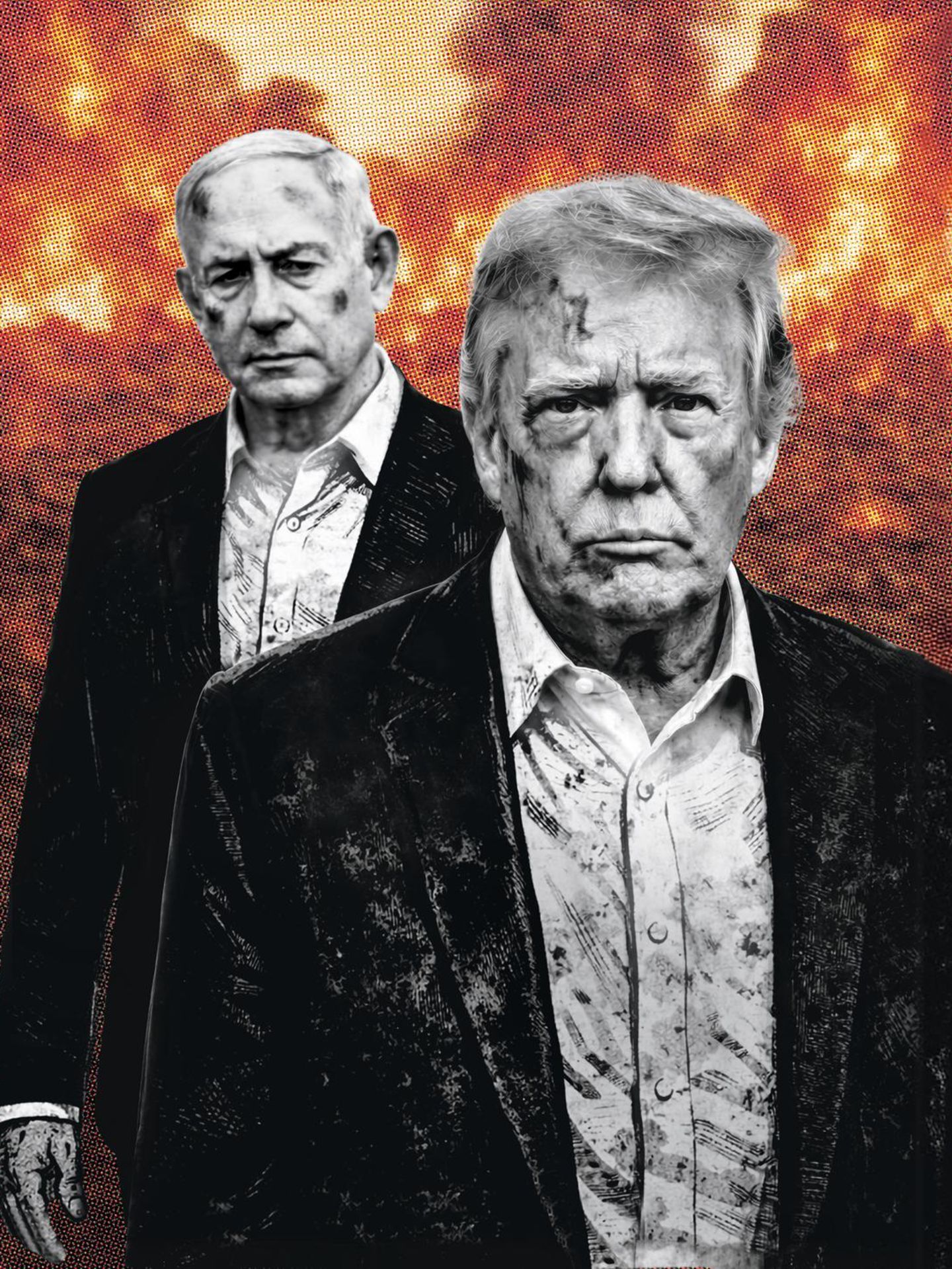 Donald Trump und Benjamin Netanjahu vor einer Feuerwand