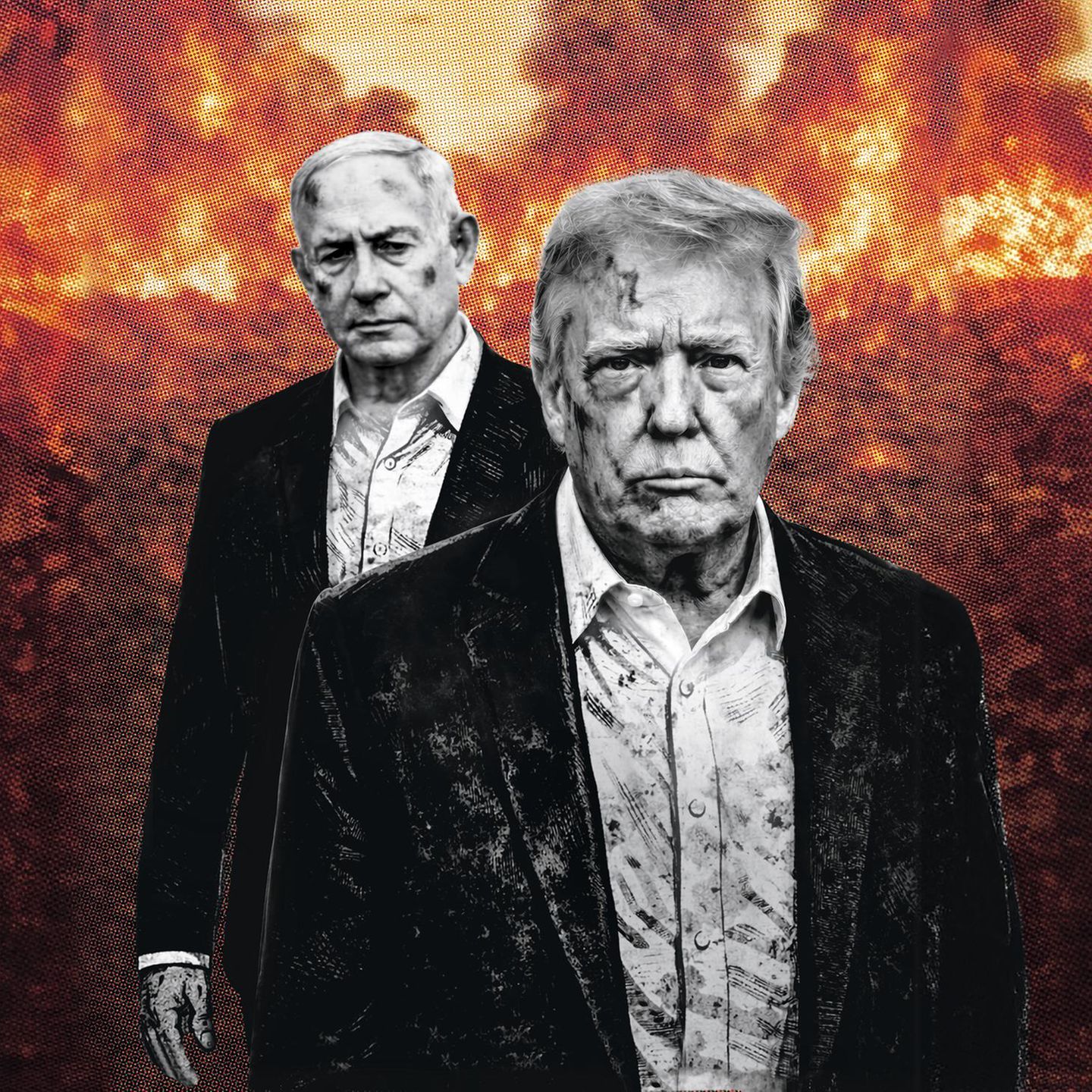 Donald Trump und Benjamin Netanjahu vor einer Feuerwand