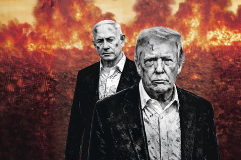 Donald Trump und Benjamin Netanjahu vor einer Feuerwand