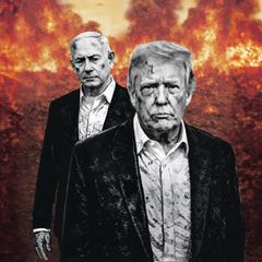 Donald Trump und Benjamin Netanjahu vor einer Feuerwand