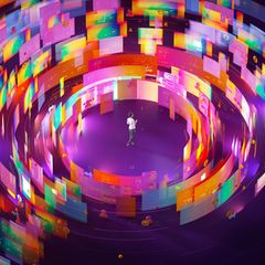 Social Media: Ein Mensch steht in der Mitte von einem Algorithmus-Strudel