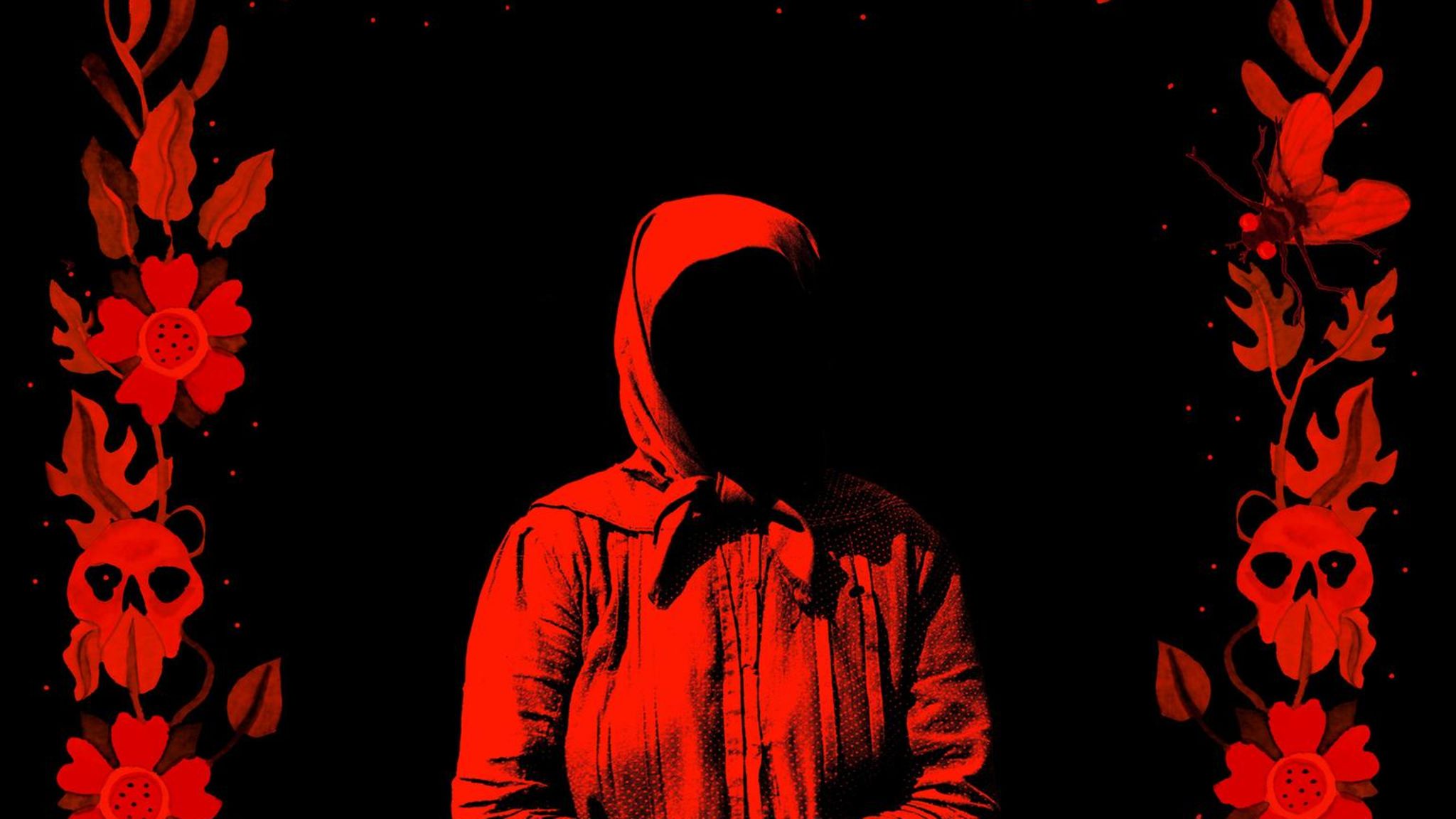 Rot eingefärbte Illustration zeigt eine Frau im Halbdunkeln, umrandet von gezeichneten Blumen