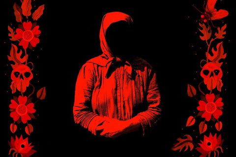 Rot eingefärbte Illustration zeigt eine Frau im Halbdunkeln, umrandet von gezeichneten Blumen