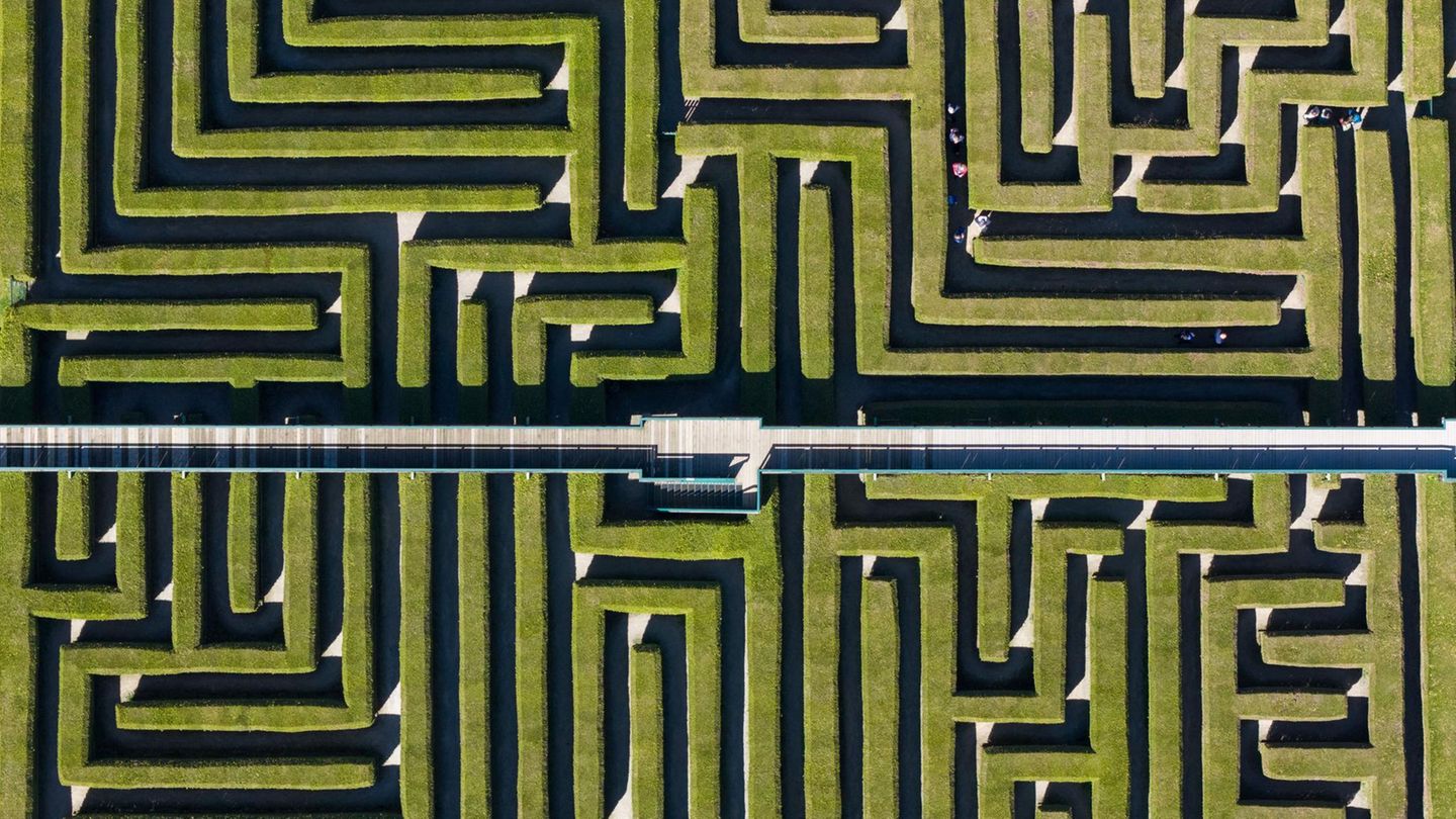 Kleinwelka, Deutschland. Besucher gehen im Irrgarten zwischen den immergrünen Thuja-Hecken entlang. Das Natur-Labyrinth gehört zu den Attraktionen im Saurierpark und dürfte manchen Besucher in Verwirrung stürzen. Bisher sind aber alle wieder unbeschadet herausgekommen.
