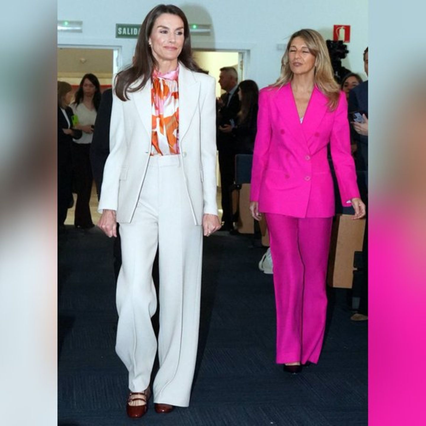 Königin Letizia (li.) wurde bei einem Jubiläumsevent der spanischen Handelskammer von Spaniens Vizepräsidentin Yolanda Díaz be