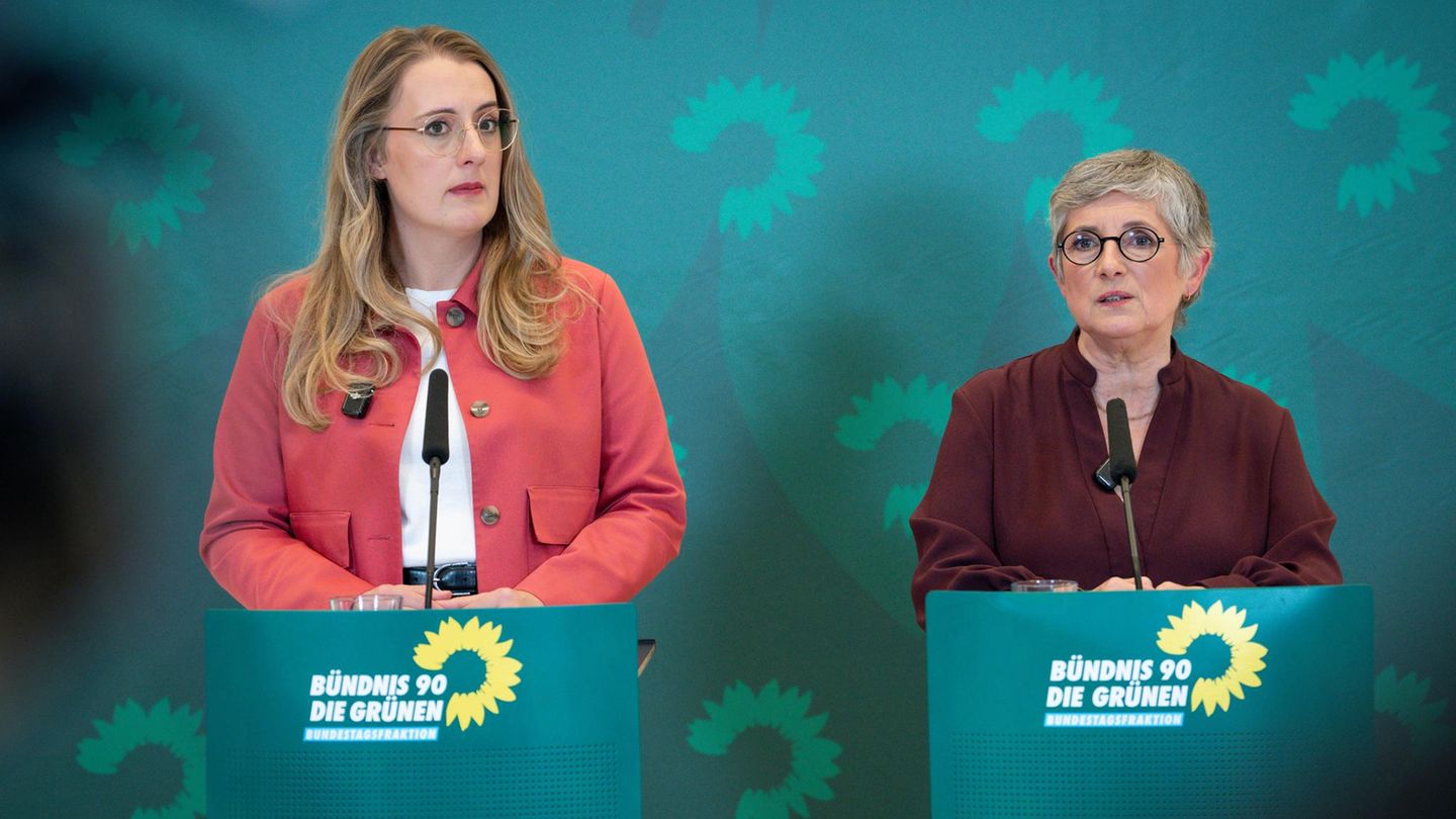 Grünen-Fraktionsvorsitzende Katharina Dröge und Britta Haßelmann im Bundestag