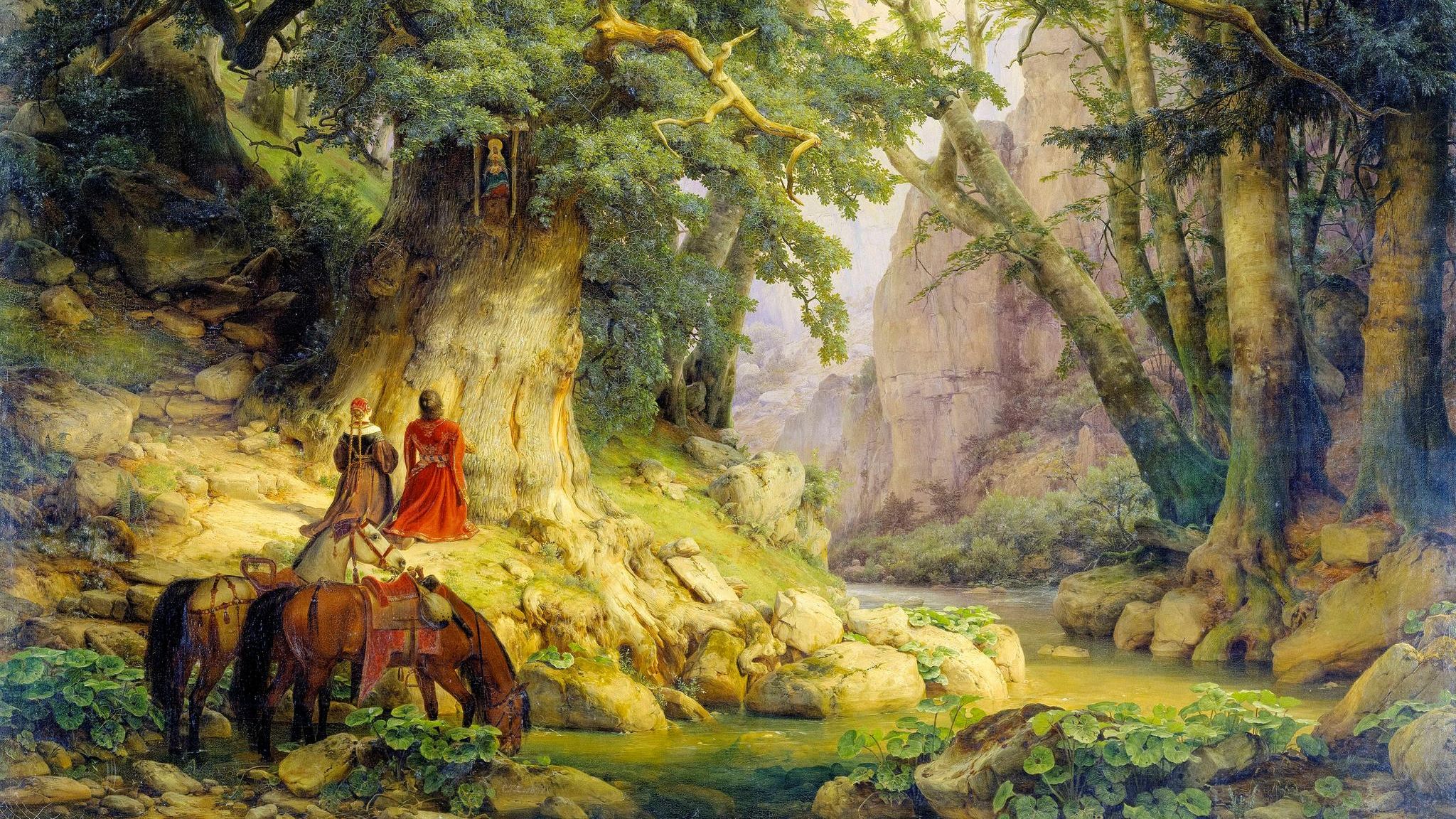 Der Wald als Sehnsuchtsort: Während der Romantik zeichneten Künstler den Wald als märchenhafte Idylle, hier „Die tausendjährige Eiche“ von Carl Friedrich Lessing (1837)