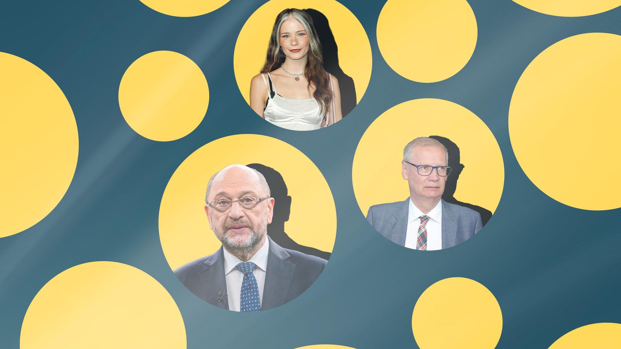 Collage mit Prominenten, deren Gesichter in goldenen Kugeln auftauchen