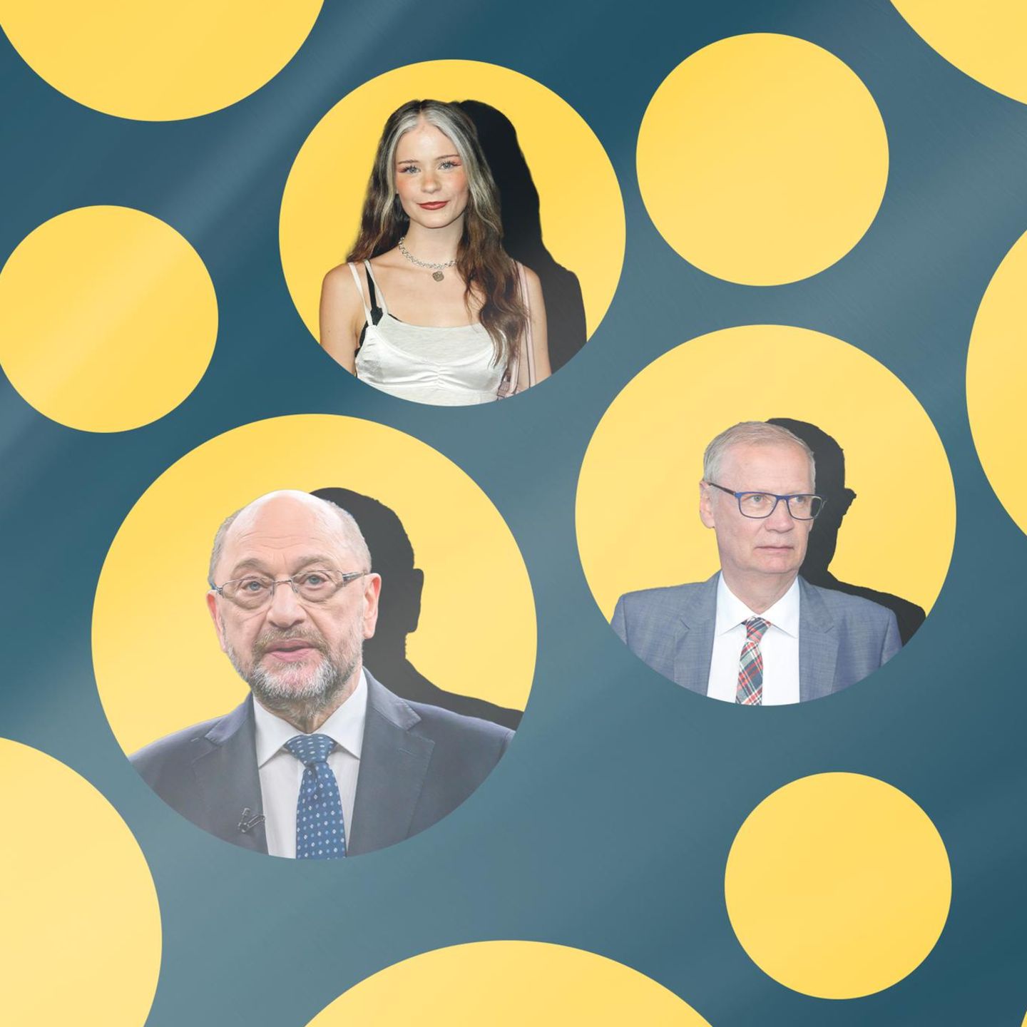 Collage mit Prominenten, deren Gesichter in goldenen Kugeln auftauchen