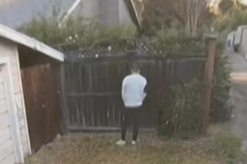 Ein Mann uriniert in einen fremden Garten in Kalifornien.