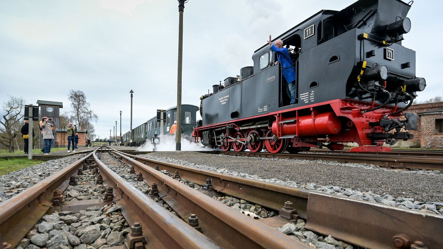 Eine historische Dampflok fährt in den Bahnhof Kupferkammerhütte ein. Foto: Heiko Rebsch/dpa