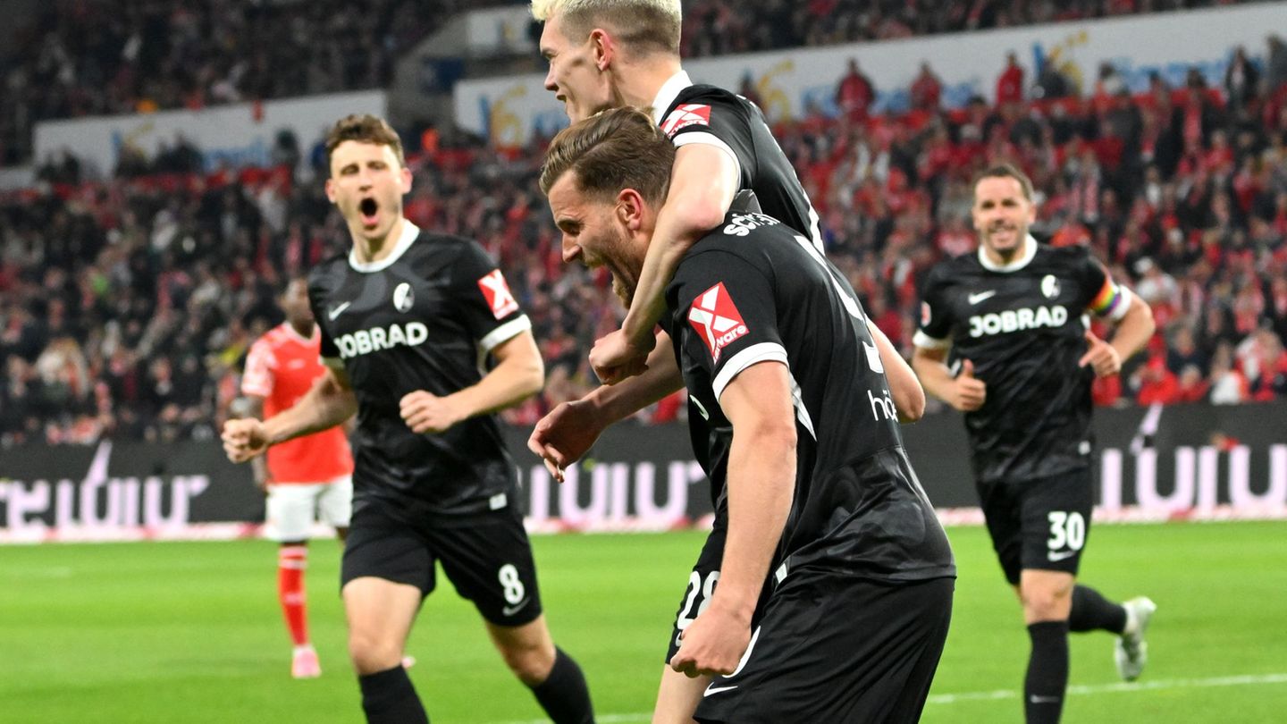 Torjubel der Freiburger: Ginter legt vor, Höler verwandelt. Foto: Torsten Silz/dpa