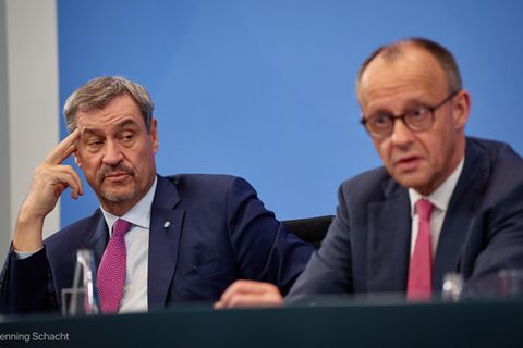 Söder und Merz bei der Pressekonferenz nach dem Koalitionsgipfel
