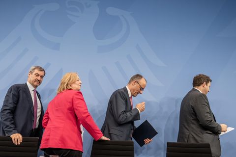 Söder, Bas, Merz und Klingbeil nach der Pressekonferenz