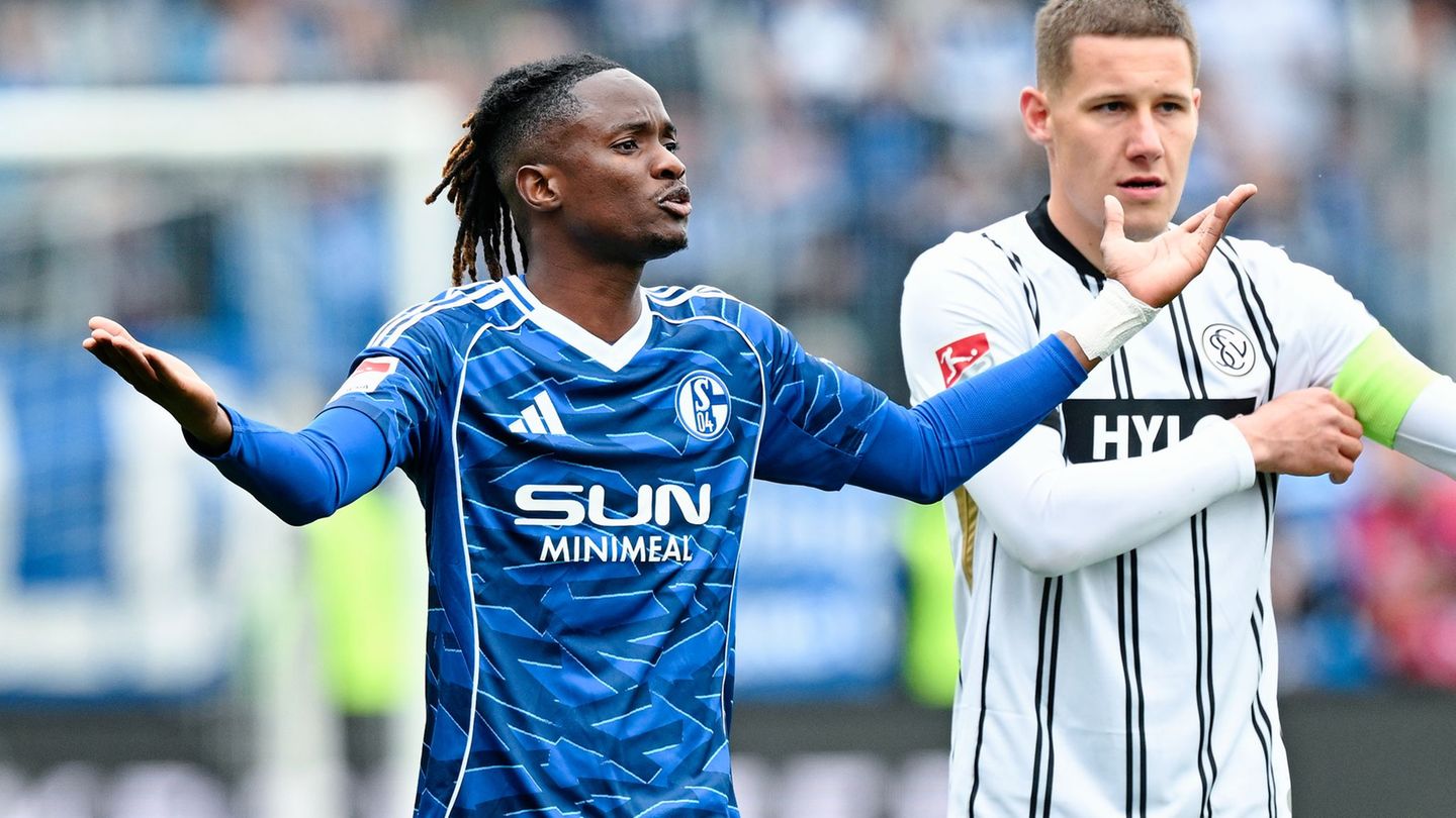 Schalkes Moussa Ndiaye (l) reagiert fassungslos auf seinen Platzverweis. Foto: Uwe Anspach/dpa