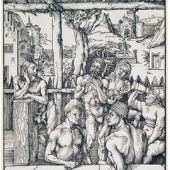 Holzschnitt von Albrecht Dürer: Männerbad, um 1496/97, 39 × 28 cm