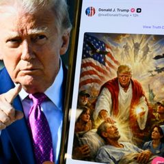 Montage von Trump und dem KI-Bild als Jesus Christus