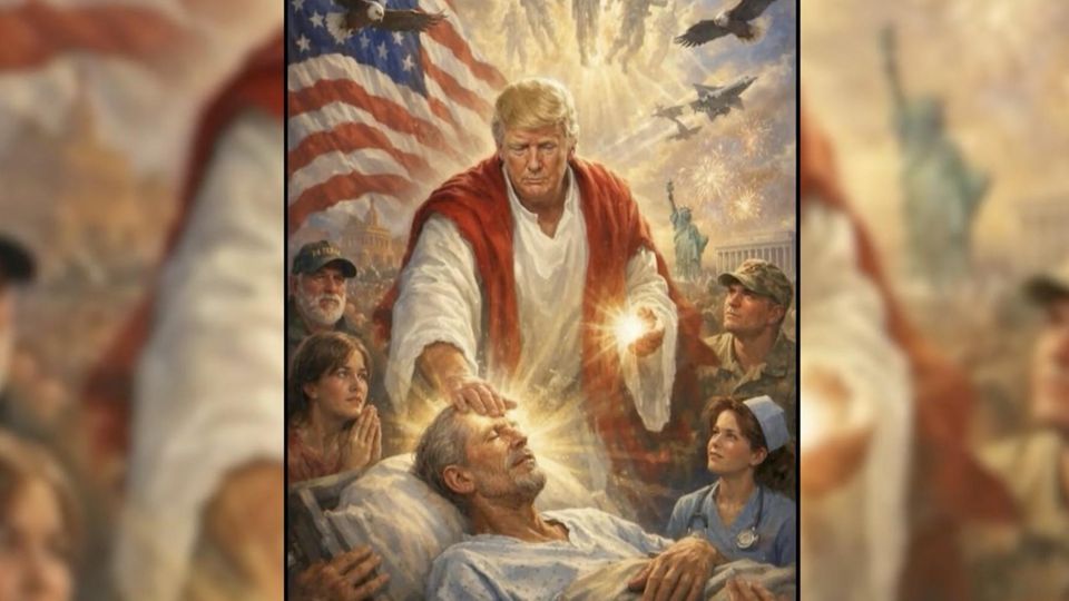 Ein KI-generiertes Bild von Donald Trump, wie er einen Menschen heilt.