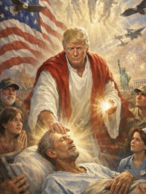 Ein KI-generiertes Bild von Donald Trump, wie er einen Menschen heilt.