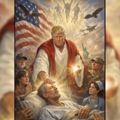 Ein KI-generiertes Bild von Donald Trump, wie er einen Menschen heilt.