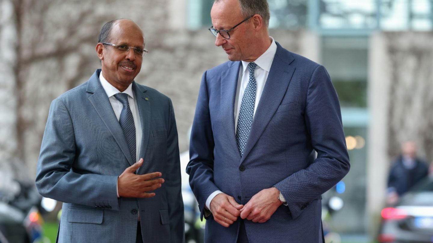 Kanzler Merz am Dienstag bei der Begrüßung von AU-Kommissionspräsident Youssouf in Berlin