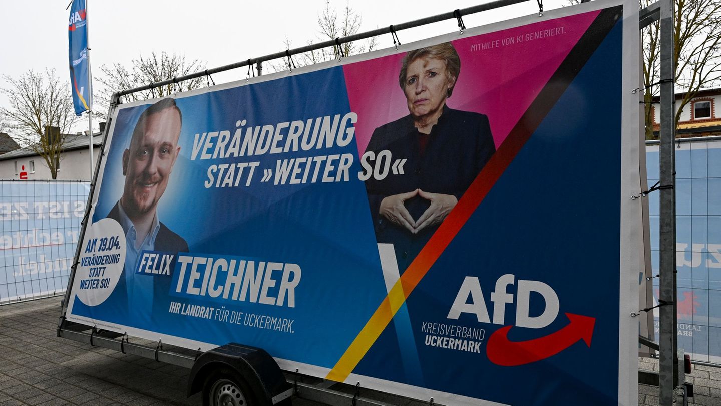 KI-Bild, Merkel-Raute, rosa Dreieck: Das Wahlplakat der AfD sorgt vor der Landratswahl in der Uckermark für Streit. Foto: Jens K