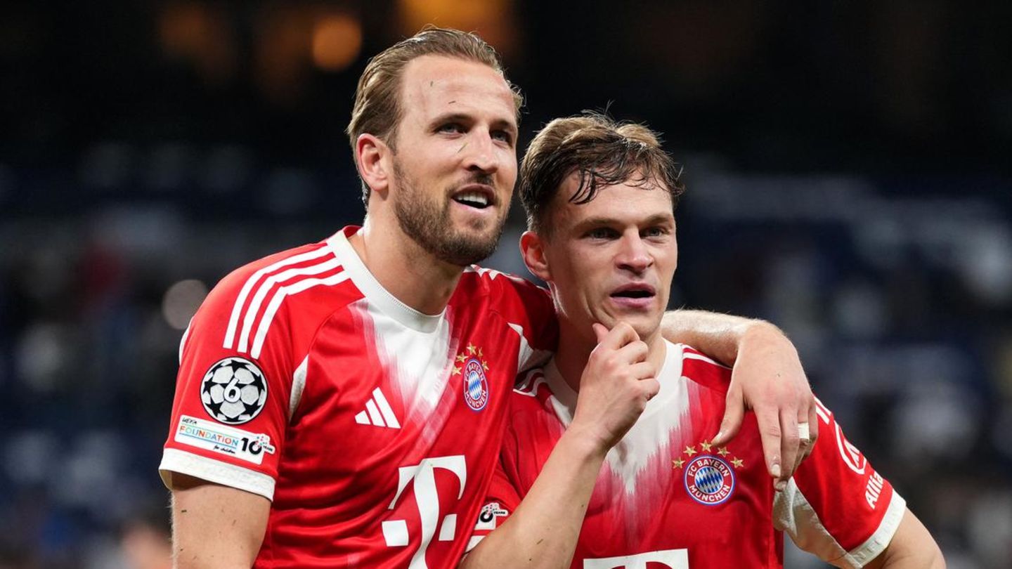 Harry Kane und Joshua Kimmich vom FC Bayern München genießen den Sieg bei Real Madrid