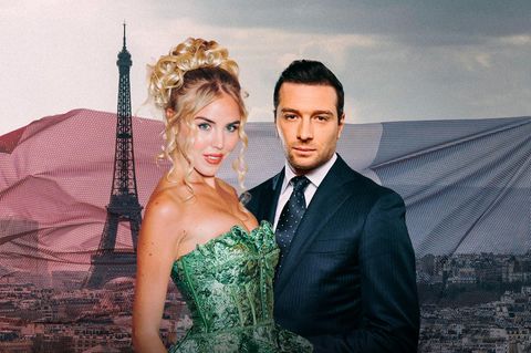 Montage zeigt Prinzessin Maria Carolina de Bourbon des Deux-Siciles und Jordan Bardella vor einer Ansicht von Paris