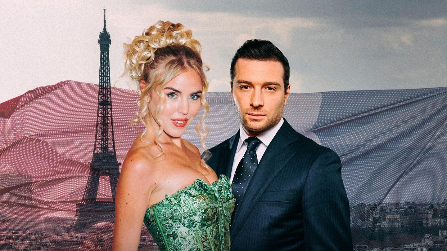 Montage zeigt Prinzessin Maria Carolina de Bourbon des Deux-Siciles und Jordan Bardella vor einer Ansicht von Paris