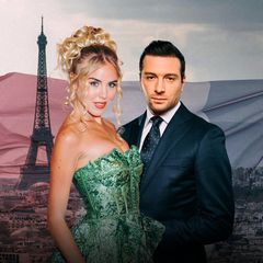 Montage zeigt Prinzessin Maria Carolina de Bourbon des Deux-Siciles und Jordan Bardella vor einer Ansicht von Paris