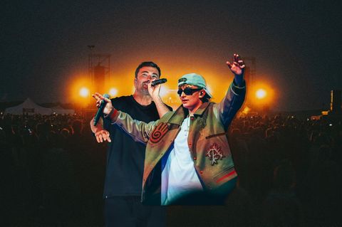 Montage: Marteria und sein Sohn vor einer Konzertbühne