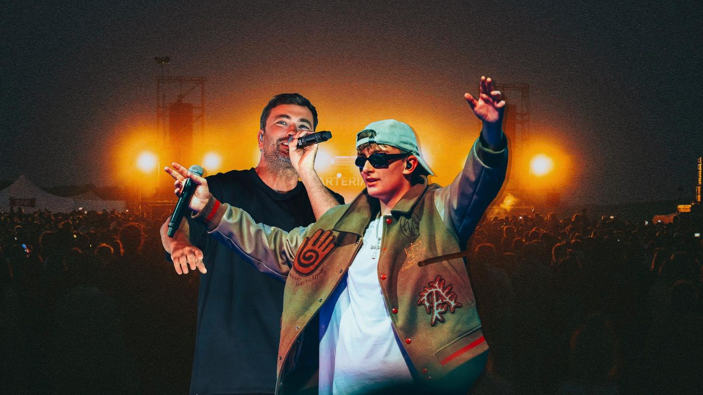 Montage: Marteria und sein Sohn vor einer Konzertbühne