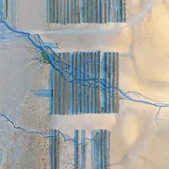 An den Küsten von Normandie und Bretagne prägen Austernfarmen die Landschaft. Bei Flut verschwinden sie in bis zu zwölf Meter Wassertiefe, bei Ebbe liegen sie frei. Erst aus der Vogelperspektive zeigt sich ihre ganze Dimension: die geometrischen Muster wirken wie die Formationen römischer Heerscharen.      Andreas Secci, zweiter Platz in der Kategorie "Landschaft" 