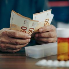 Forsa Gesundheitsreform Hände mit Geldscheinen und Medikamenten