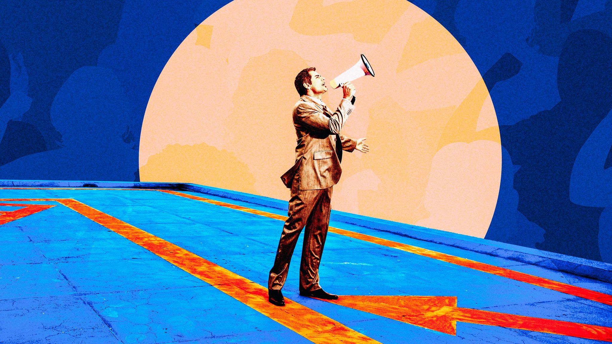 Zum Buch von Gesina Demes und Annika Prigge ein Symbolbild: Ein Mann ruft in ein Megaphone