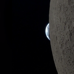 Die Erde geht hinter dem Mond unter.