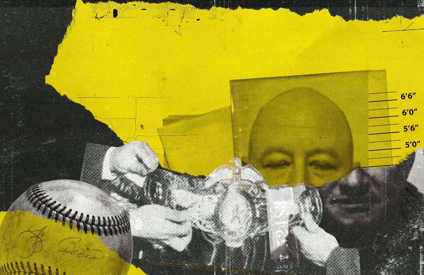 Collage mit einem Basball, einem Gürtel und dem halb verdeckten Gesicht von Tommy Trotta