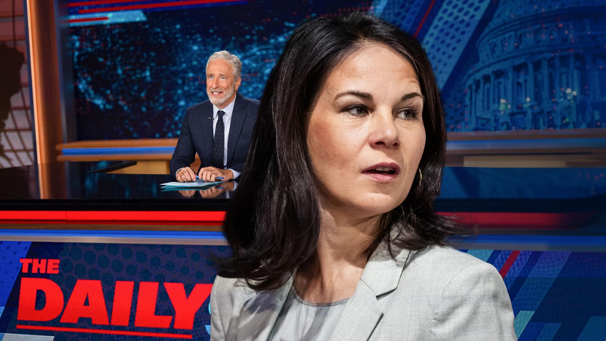 Eine Montage mit Annalena Baerbock und Jon Stewart