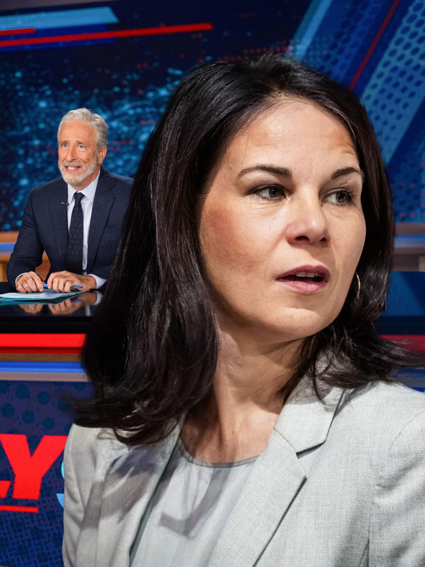 Eine Montage mit Annalena Baerbock und Jon Stewart