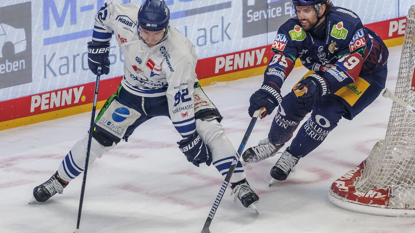 Marcel Brandt (l.) trägt auch künftig das Trikot der Straubing Tigers. (Archivbild) Foto: Andreas Gora/dpa