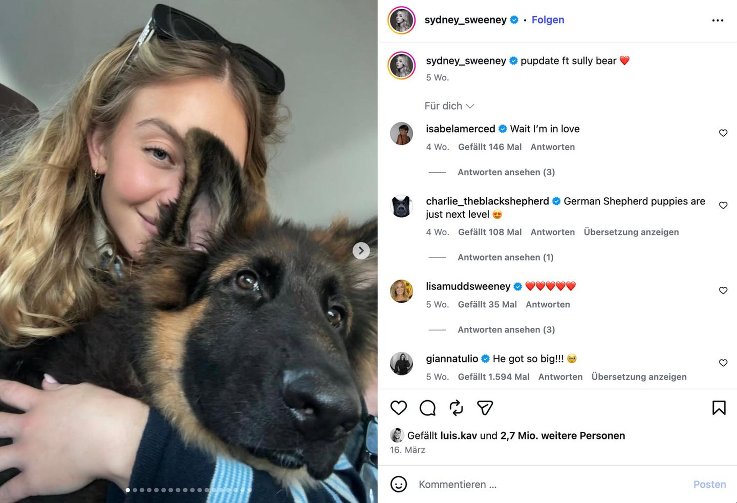 Sydney Sweeney mit ihrem Hund auf Instagram