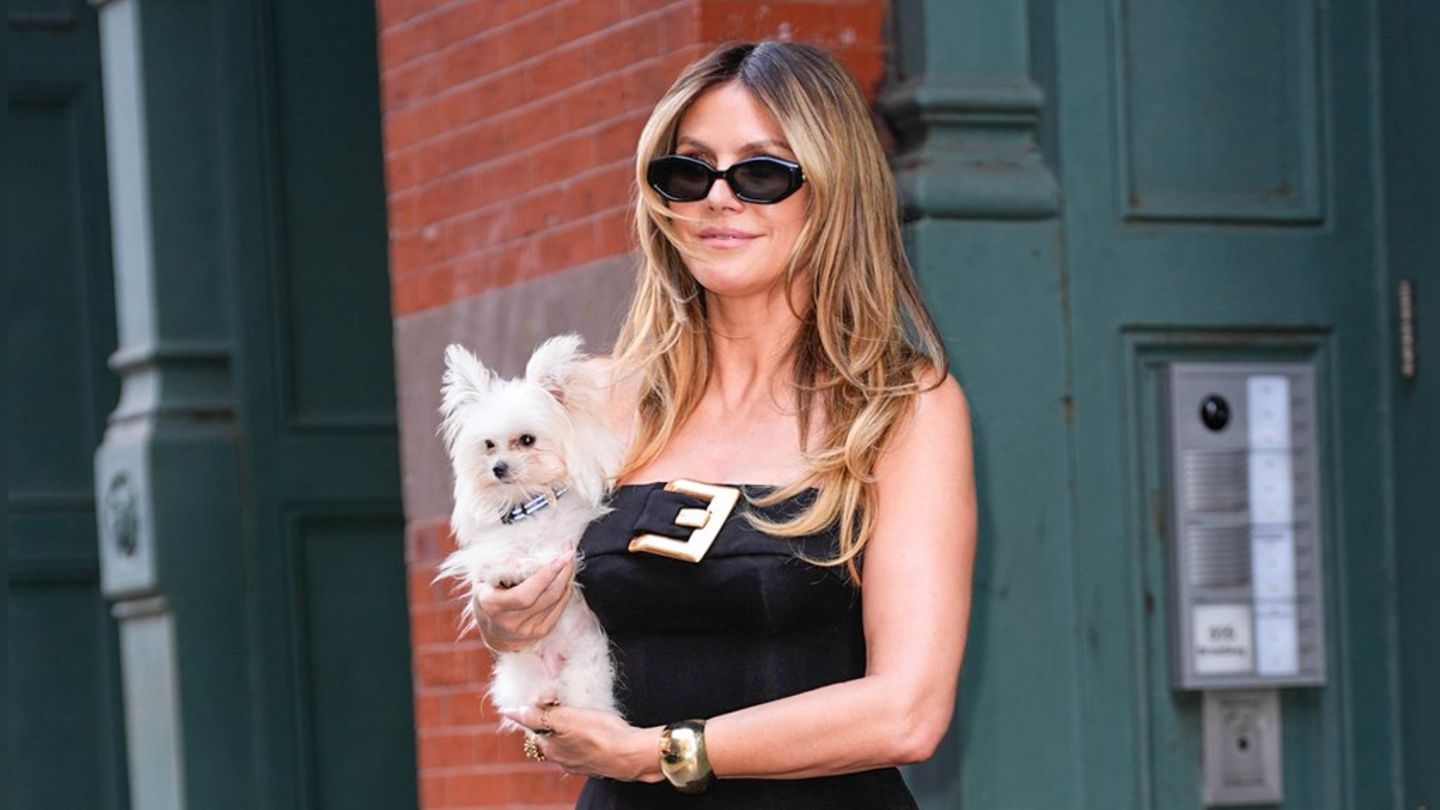 Heidi Klum nimmt ihren neuen Hund Fritz überall mit hin - hier in den Straßen von New York am 9. April 2026.