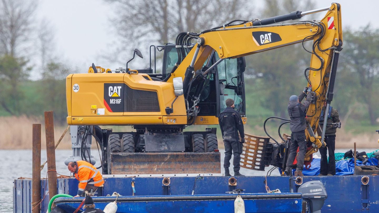 Rinne für den gestrandeten Buckelwal wird frei gespült. Foto: Jens Büttner/dpa