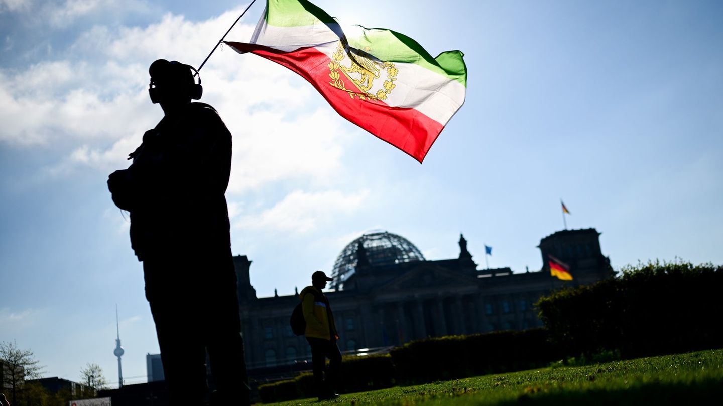 Mit dem Emblem des Schahs: Ein Demonstrant in Berlin. Foto: Sebastian Christoph Gollnow/dpa